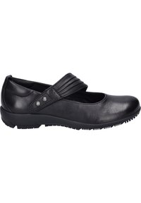 Zwarte leren Mary Jane-schoen met een ronde neus, brede band over de wreef en een gestructureerde zool voor grip. Bevat decoratieve hardwareaccenten.