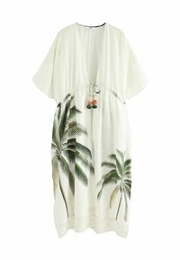 White kaftan with short sleeves featuring palm tree prints. Elastic drawstring at waist, adorned with colorful tassels. Lightweight, breathable fabric.