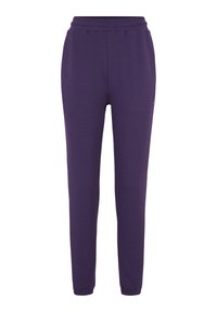 Lila Baumwoll-Jogginghosen mit elastischem Bund, schmal zulaufendem Bein und Seitentaschen für Funktionalität. Weiche Textur und dezentes Design.