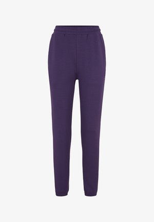 Purple cotton joggers with an elastic waistband, tapered leg design, and side pockets for functionality. Soft texture and minimal detailing.