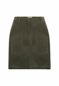 Zelená denimová sukně s rovného střihu, předním zapínáním na knoflíky a dvěma velkými šikmými kapsami. Měkká textura s minimem švů.