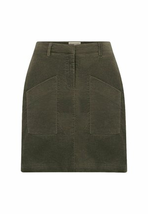 Zelená denimová sukně s rovného střihu, předním zapínáním na knoflíky a dvěma velkými šikmými kapsami. Měkká textura s minimem švů.