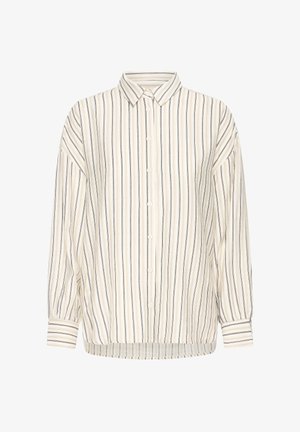 Langarm blouse met knopen en verticale strepen in beige, wit en zwart, voorzien van een puntige kraag en manchetten.