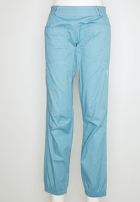 Light blue lightweight pants with elasticized cuffs, front pockets, and visible stitching on a white mannequin against a plain background.