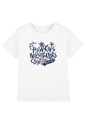 White short-sleeve T-shirt with navy graphic text "Hawkins Investigators Club," an eye symbol, and a purple triangle with "HIC That's us!"