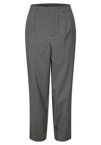 Szare spodnie w prążki o prostym kroju, z dopasowanym paskiem, dwiema przednimi kieszeniami i gładką fakturą.