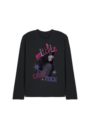 Schwarzes Langarmshirt mit einem Porträt eines lächelnden Mädchens, pinkem "mitchel" Schriftzug und lila "CAMP ROCK" Schriftzug mit Stern-Grafiken.