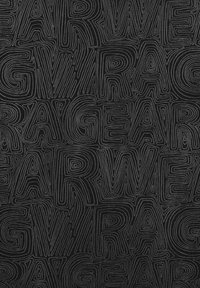 Svart tyg med intrikata linjeillustrationer i varierande bredder, som visar orden "RAGE" och "GEAR" i en lekfull, vågig design.