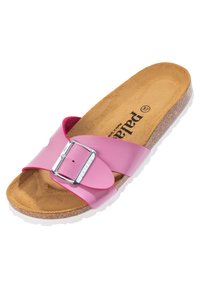Rosa halksandal med en bred rem och ett silverfärgat spänne, korkfot och en vit gummisul med texturerad yta.