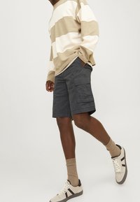 Persona che indossa una camicia a maniche lunghe beige e bianca a righe, pantaloni cargo grigio scuro, calze beige e sneakers bianche con dettagli neri.