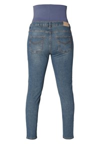 Modré těsné džíny z denimu s vysokým pasem, které mají našité zadní kapsy a hladký povrch. Elastický materiál zajišťuje pružnost.