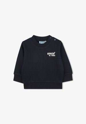 Marineblå langærmet sweatshirt med ribbet cuffs og krave. Har trykt "KENZO PARIS" logo og to trykknapper på venstre skulder.