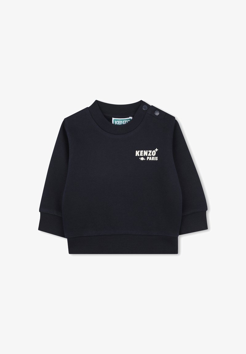 Felpa navy blue a maniche lunghe con polsini e colletto a coste. Presenta il logo stampato "KENZO PARIS" e due bottoni a pressione sulla spalla sinistra.
