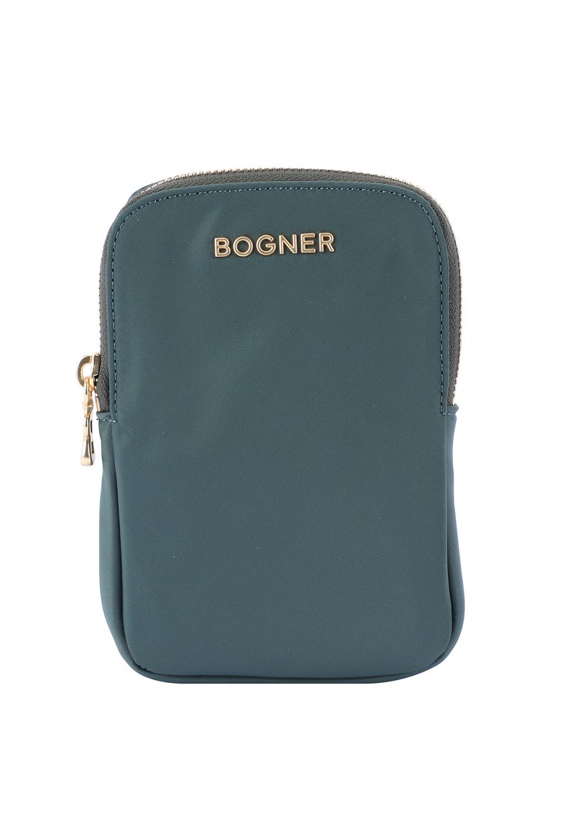 Teal najlon torbica z zlatim logotipom "BOGNER", zadrgo, zaobljenim vrhom in gladko teksturo. Kompaktna zasnova za enostavno prenašanje.