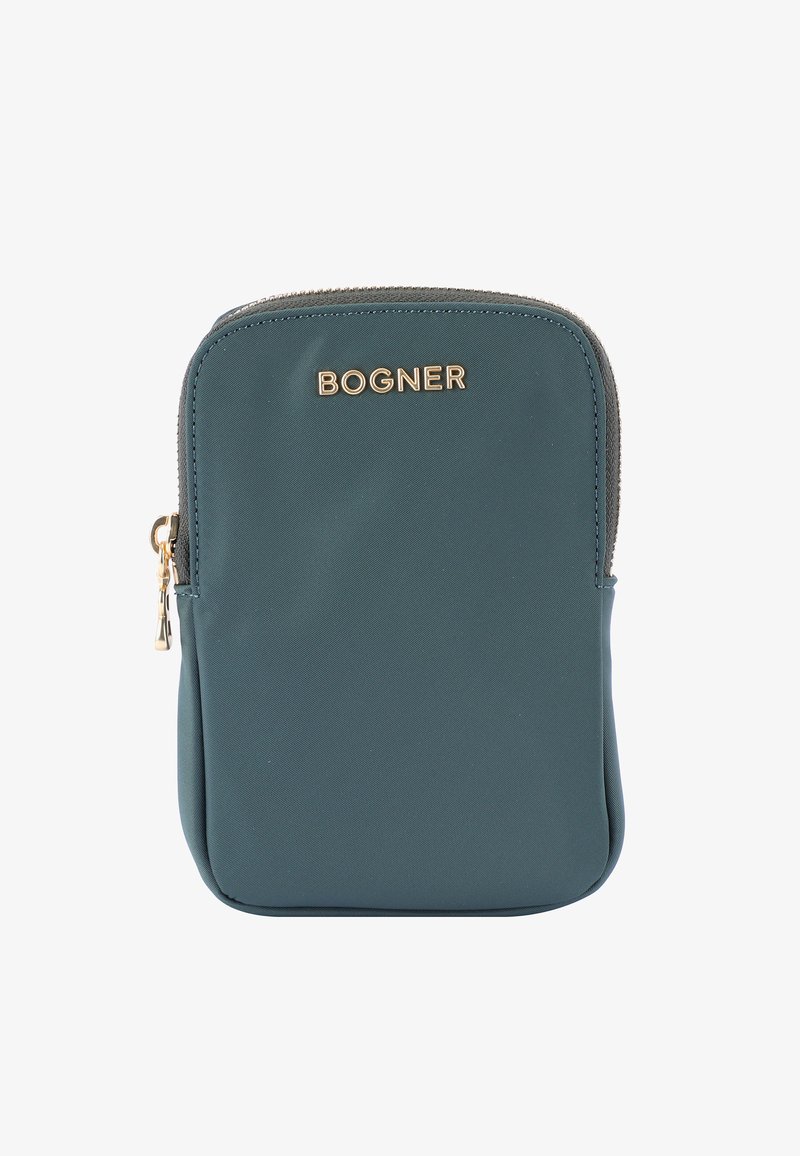 Teal najlon torbica z zlatim logotipom "BOGNER", zadrgo, zaobljenim vrhom in gladko teksturo. Kompaktna zasnova za enostavno prenašanje.