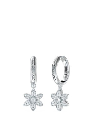 Boucles d'oreilles créoles en argent avec un design floral orné de strass scintillants, chaque pétale étant embellie de détails raffinés.