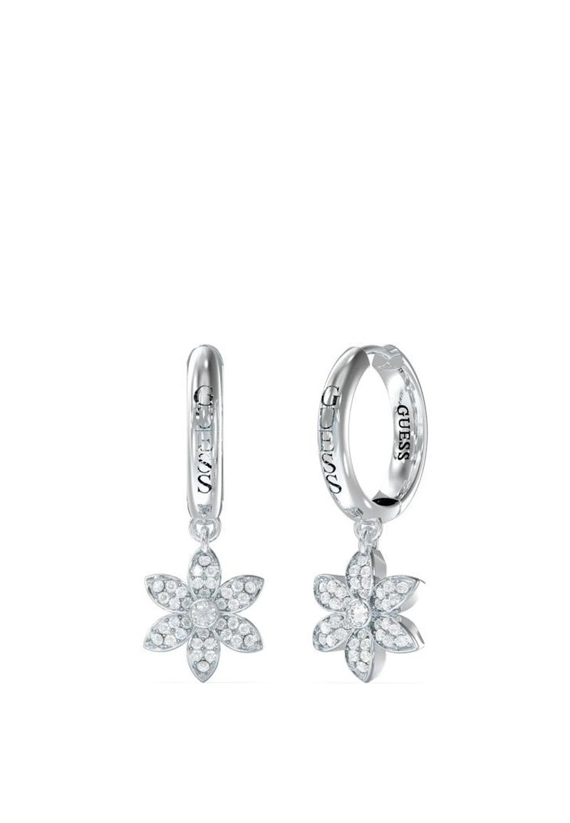 Silberne Creolen mit floralem Design, verziert mit funkelnden Strasssteinen, wobei jedes Blatt mit filigranen Details geschmückt ist.