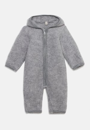 Soft gray hooded baby fleece jumpsuit with long sleeves and a front zipper closure, size 56 for 1-4 months.