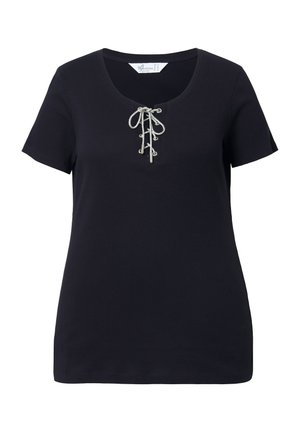 Černé žebrované tričko s krátkým rukávem, kulatým výstřihem a stříbrným šněrováním vpředu. Hladká textura a volný střih.