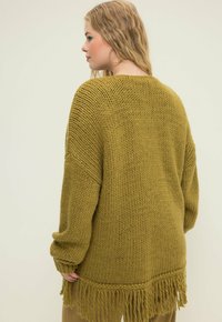 Langer, übergroßer Pullover in Senfgelb, aus grobem Strick gefertigt. Mit einem fransigen Saum und weiten Ärmeln, die ein strukturiertes Erscheinungsbild verleihen.