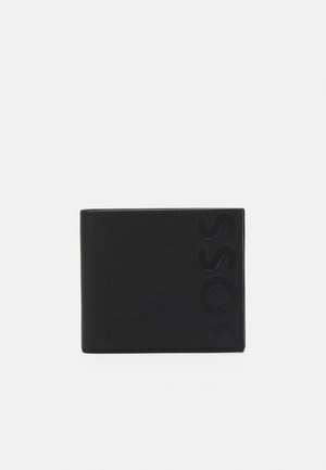 Portafoglio in pelle nera con logo "BOSS" in rilievo, design pieghevole, superficie liscia e dettagli di cucitura a contrasto.
