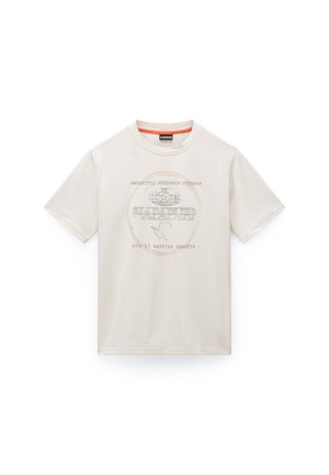Light beige cotton t-shirt with crew neck. Features graphic print reading "Antarctic Research Program" and "Napapijri," with illustration of Antarctica.
