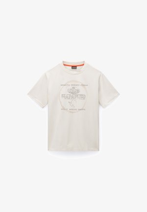 Heledadbeige puuvillane T-särk, ümmarguse kaelusega. Omab graafikat, millel on tekst "Antarktika Uuringute Programm" ja "Napapijri", koos Antarktika illustratsiooniga.