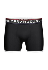 Mustat bokserit, joissa on kontrastoiva valkoinen vyötärö. Vyötärössä on toistuva logo valkoisena, punaisena ja sinisenä. Sileä pinta.