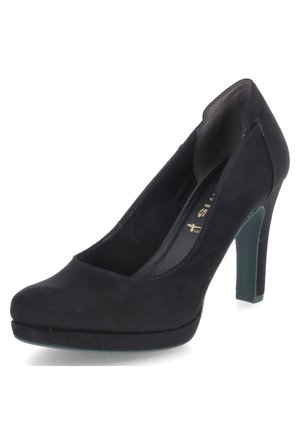 Sort ruskind højhælet pumpe med rund tå, en glat overflade og en teal akcent på hælen. Har et lavt skåret vamp-design.