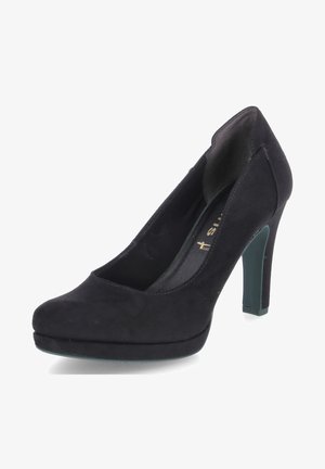Escarpin en cuir suédé noir à talons hauts avec un bout arrondi, une texture lisse et une accent teal sur le talon. Présente un design de décolleté bas.