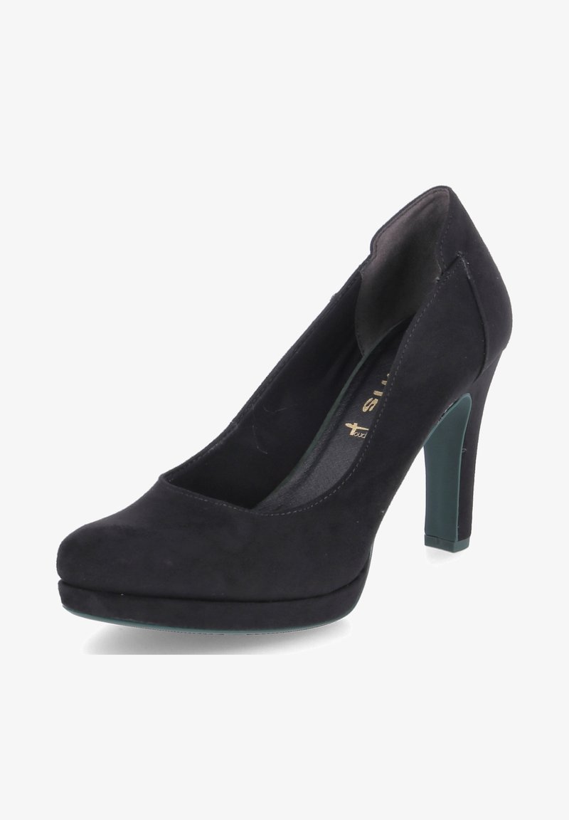 Escarpin en cuir suédé noir à talons hauts avec un bout arrondi, une texture lisse et une accent teal sur le talon. Présente un design de décolleté bas.
