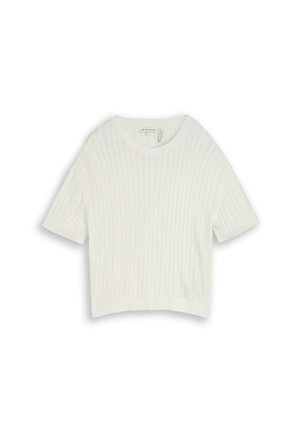 Pull en maille côtelée blanc à manches courtes avec un col rond et une coupe légèrement courte.