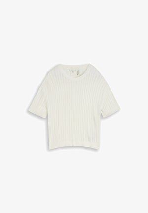 Pull en maille côtelée blanc à manches courtes avec un col rond et une coupe légèrement courte.