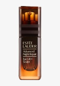 Brun glasflaska med pump, med en elegant design. Etiketten lyder "Estée Lauder Advanced Night Repair Eye Lift + Sculpt."