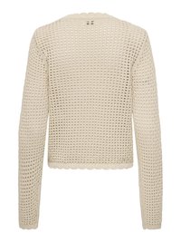 Pull beige à manches longues en crochet avec motif ajouré, bords festonnés à l'ourlet et aux poignets, vu de dos.