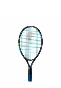 Tennisracket met een zwart en blauw frame, blauwe snaren en een zwarte grip tegen een witte achtergrond.