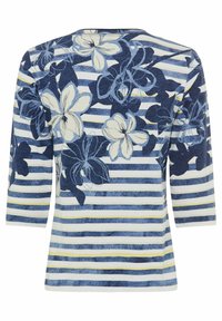 Gemusterte Bluse mit Blumen in Blau, Weiß und Gelb. Sie verfügt über einen runden Halsausschnitt und¾-Ärmel. Aus einem Baumwoll-Mischgewebe.