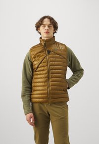Brown puffer vest with a high collar, quilted texture, and a zip closure. Worn over a green long-sleeve garment. Simple design and functional.