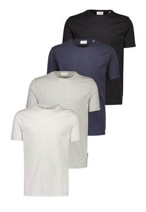Vier schlichte Rundhals-T-Shirts in Weiß, Hellgrau, Marineblau und Schwarz sind vertikal gestapelt, vorne sichtbar, ohne sichtbare Logos oder Designs.