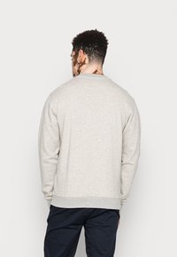 Lys grå hettegenser med lange ermer, ribbestrikkede mansjetter og kant. Myk tekstur, rund hals og enkel design uten grafikk eller mønstre.