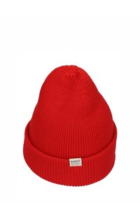Red knit beanie with a ribbed texture and a folded cuff. Features a small label with "BARTS" on the front.
