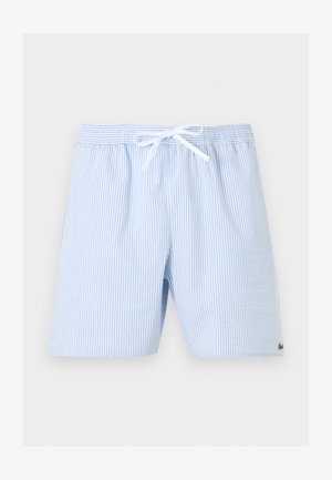 Ανοιχτό μπλε και λευκό ριγέ σορτς με κορδόνι, ελαστική μέση και μικρό πράσινο λογότυπο στο κάτω δεξί πόδι.