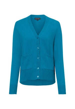 Türkisfarbener Cardigan aus weichem Strickstoff, mit V-Ausschnitt, langen Ärmeln, sechs Knöpfen und zwei vorderen Taschen mit Rippbund.