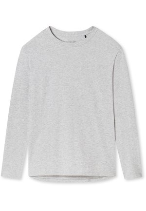 Ljust grå långärmad t-shirt tillverkad av mjukt tyg, med rund halsringning, lätt böjd fåll och utan synliga mönster eller detaljer.