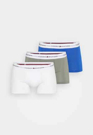 Tri par boxer boksaric znamke Tommy Hilfiger: bele, olivno zelene in modre. Vsak pair ima bel elastik pas z logotipom.