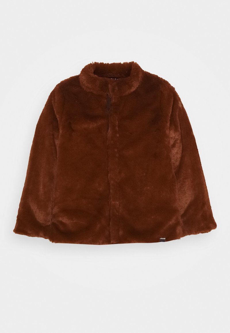 Brown faux fur jacket, soft texture, round collar, front zipper, long sleeves, relaxed fit, no visible patterns or hardware details.
