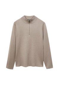 Pull-over beige à manches longues avec une courte fermeture éclair et un col montant côtelé, présenté sur un fond blanc.