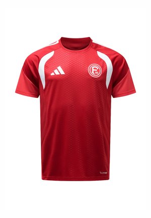 Rotes Sporttrikot mit kurzen Ärmeln und weißen Streifen auf den Schultern, Adidas-Logo auf der linken Brust und rundem F95-Team-Emblem auf der rechten Brust.