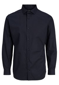 Camisa de manga larga de color azul marino con cierre de botones en la parte delantera, cuello puntiagudo y botones negros. Fabricada con una tela suave y tejida, con un ajuste a medida.