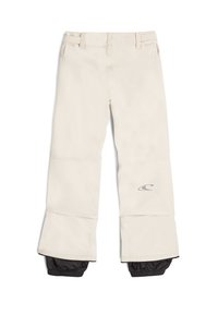 Beige lumilautahousut bungee-p hoolleilla, joissa on sileä pinta ja hillitty logo lahkeessa. Alareuna on leveä, mikä helpottaa pukemista.